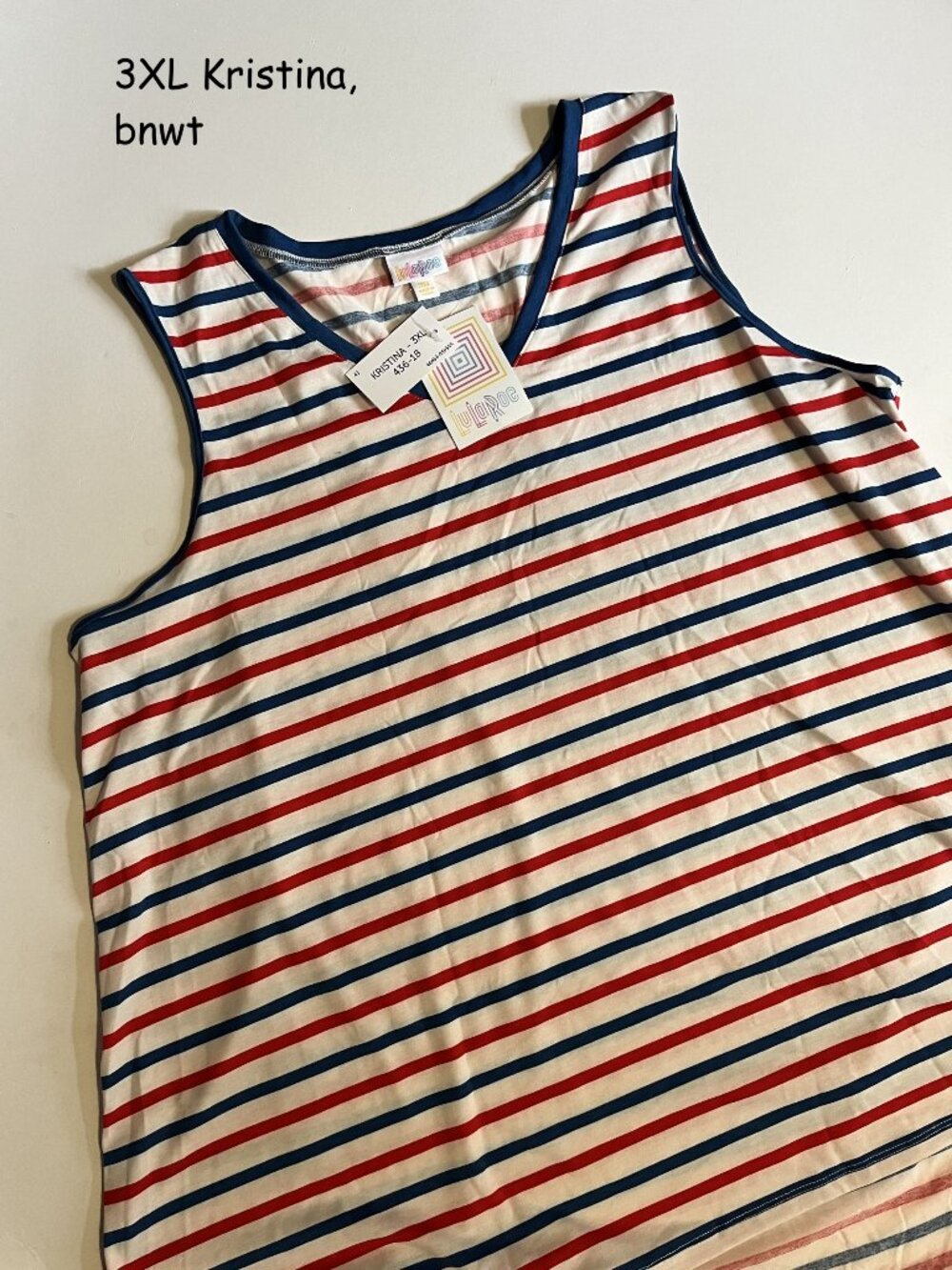 3XL Lularoe Kristina v-neck tank top tunic, white with red and navy stripes